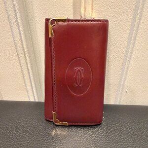 Authentic MUST DE CARTIER Key Case BORDEAUX Leather WALLET 4-Rings Hook Tri-fold
